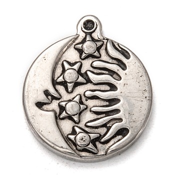 304 Stainless Steel Pendants, Flat Round with Moon & Star & Sun, Antique Silver, 23.5x20x3.5mm, Hole: 1.5mm