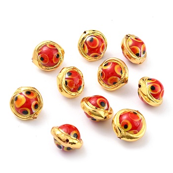 Handmade Lampwork Beads, with Golden Color Edge Brass, Round, Red, 16.5~17x15.5~16x12~13.5mm, Hole: 1mm