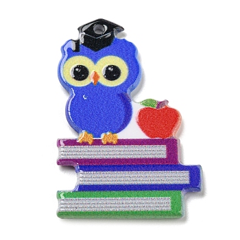 Study Style Opaque Acrylic Sided Pendants, Owl with Books, Colorful, 39.5x26.5x2.6mm, Hole: 2.1mm