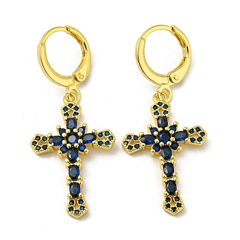 Real 18K Gold Plated Brass Dangle Leverback Earrings, with Glass, Cross, Dark Blue, 38x16mm