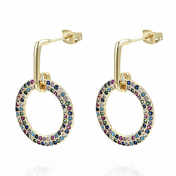 Brass Micro Pave Cubic Zirconia Dangle Stud Earrings, with Earring Backs, Nickel Free, Ring, Real 16K Gold Plated, Colorful, 30mm, Pin: 0.8mm