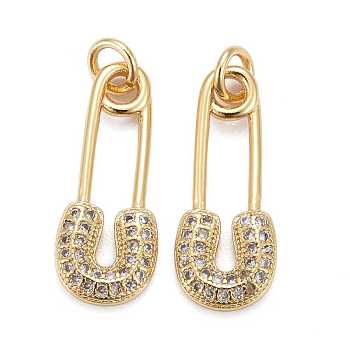 Brass Micro Pave Clear Cubic Zirconia Pendants, Long-Lasting Plated, Safety Pin, Real 18K Gold Plated, 20.5x8.5x2.5mm,  Jump Ring: 5x0.7mm, Inner Diameter: 3.5mm