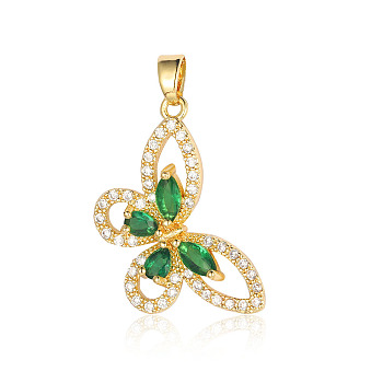 Brass Micro Pave Green Cubic Zirconia Pendants, Butterfly Charms, Real 18K Gold Plated, 25x14x4.5mm