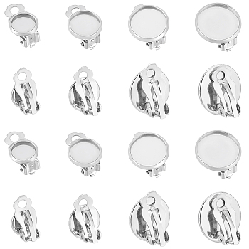 Unicraftale 80Pcs 4 Styles 316 Stainless Steel Clip-on Earring Findings, Earring Settings, Flat Round, Stainless Steel Color, 15~16x10~16x8mm, Hole: 3mm, Tray: 8~14mm, 20pcs/style