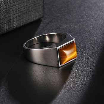 Rectangle Natural Tiger Eye Finger Ring, Alloy Jewelry, Platinum, US Size 11 1/4(20.7mm)