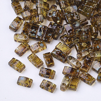 2-Hole Transparent Glass Seed Beads, Antique Style, Rectangle, Dark Goldenrod, 4.5~5.5x2x2~2.5mm, Hole: 0.5~0.8mm