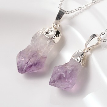 Natural Raw Rough Gemstone Pendant Necklaces, with Brass Chains and Spring Ring Clasps, Amethyst, 18 inch