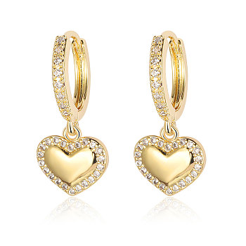 Brass Micro Pave Clear Cubic Zirconia Hoop Earrings, Heart Dangle Earrings for Women, Real 18K Gold Plated, 25x11mm