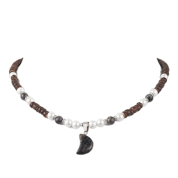 Moon Larvikite Pendant Necklaces for Women, with Natural Coconut Column Beads, 15.87 inch(40.3cm)