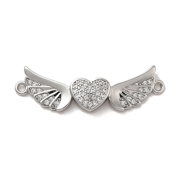Brass Micro Pave Clear Cubic Zirconia Connector Charms, Long-Lasting Plated, Valentine's Day Heart Links with Wings, Platinum, 10x32.5x2.5mm, Hole: 1.5mm