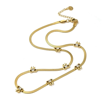 304 Stainless Steel Crystal Rhinestone Flat Snake Chain Bowknot Pendant Necklaces for Women, Real 18K Gold Plated, 16.14 inch(41cm)