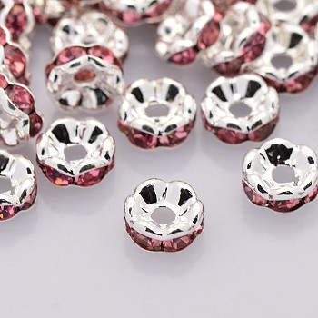 Brass Rhinestone Spacer Beads, Grade AAA, Wavy Edge, Nickel Free, Silver Color Plated, Rondelle, Rose, 6x3mm, Hole: 1mm