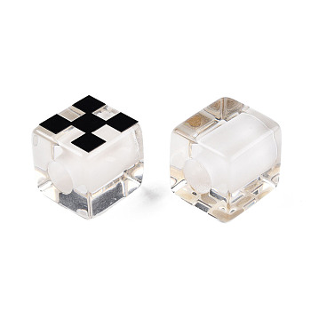 Transparent Resin European Beads, Large Hole Beads, Cube with Tartan Pattern, Black, 20x20x20mm, Hole: 8mm