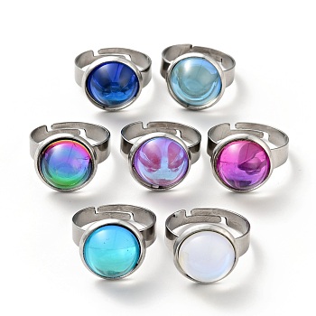 Flat Round K9 Glass Adjustable Ring, 304 Stainless Steel Jewelry for Women, Stainless Steel Color, Mixed Color, US Size 6(16.5mm), Ring Surface: 14x7mm