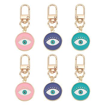 6Pcs Alloy Enamel Keychain, with Alloy Swivel Lobster Claw Clasps and 304 Stainless Steel Jump Rings, Flat Round with Eye, Mixed Color, 6.4cm, 3pcs/set