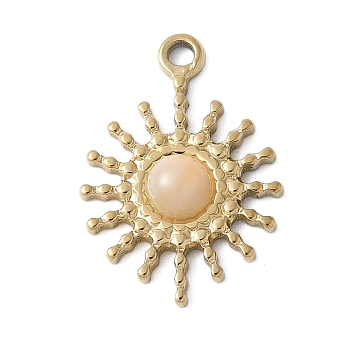 304 Stainless Steel with Natural White Shell Pendants, Sun, Golden, 18x13x3.5mm, Hole: 1.5mm