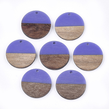 Resin & Walnut Wood Pendants, Flat Round, Mauve, 28.5x3.5~4mm, Hole: 1.5mm