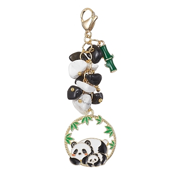 Panda Alloy Enamel Pendant Decorations, Natural Obsidian & Synthetic White Howlite Chip Beads and 304 Stainless Steel Lobster Claw Clasps Charms, White, 77mm