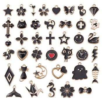80Pcs 40 Style Alloy Enamel Pendants, with ABS Plastic Imitation Pearl and Crystal Rhinestone, Mixed Shapes, Light Gold, Black, 2pcs/style