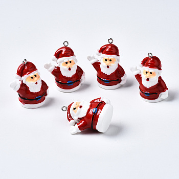 Resin Pendants, with Platinum Plated Iron Loop, Christmas Theme, Father Christmas, Dark Red, 34~36x30x18.5~19.5mm, Hole: 2mm
