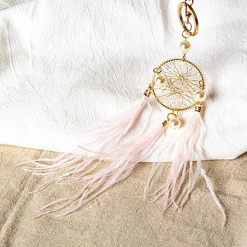 Imitation Pearl Woven Net/Web with Feather Hanging Ornaments, Alloy Clasps for Bag Decoration, Pink, 250mm