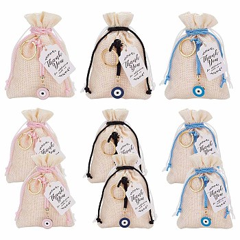 3Pcs 3 Colors Rectangle Polyester Imitation Burlap Packing Pouches Drawstring Bags, Evil Eye Charm Gift Bags with Paper Gift Tags, Mixed Color, 13x10x0.5~1cm, 1pc/color