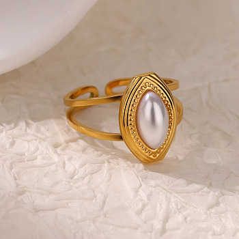 Retro Royal Style 304 Stainless Steel Imitation Pearl Cuff Rings, Horse Eye, Inner Diameter: 18mm