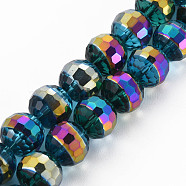 Electroplate Transparent Glass Beads Strands, Rainbow Color Plated, Faceted, Round, Dark Cyan, 12x11mm, Hole: 1.5mm, about 33pcs/strand, 14.17 inch~14.57 inch(36~37cm)(EGLA-N006-033-A01)