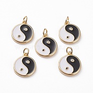 Brass Micro Pave Black & Clear Cubic Zirconia Findings Pendants, with Enamel & Jump Rings, Flat Round with Yin Yang Pattern, Real 18K Gold Plated, 15x13x2mm, Jump Ring: 5x1mm, 3mm Inner Diameter(X-KK-C100-08G)