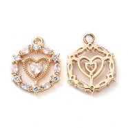 K9 Glass Pendants, with Golden Tone Brass Findings and Rhinestone, Flat Round with Heart Charms, Crystal, 20x15x3.3mm, Hole: 1.8mm(FIND-C036-05G-02)