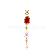 Nuggets Natural Agate Slice Pendant Decorations, Hanging Suncatchers, with Iron Findings, Glass Charms, for Home Decoration, Moon & Sun & Bullet, FireBrick, 43~45cm(HJEW-PW0002-01E)