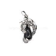 Natural Obsidian Brass Pendants, Flying Dragon Charms with Faceted Teardrop Gems, Antique Silver, 38x22x6mm(G-PW0004-66E)