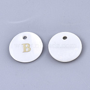 Natural White Shell Mother of Pearl Shell Charms, with Iron Sticker, Flat Round with Letter, Letter.B, 13x2mm, Hole: 1.5mm(SSHEL-N036-053B)