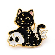 Cat with Skull Enamel Pin, Cute Alloy Enamel Brooch for Backpacks Clothes, Light Gold, Black, 28x29x9.5mm(JEWB-C011-09)