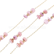 Ion Plating(IP) 316 Surgical Stainless Steel Paperclip Chains, with Natural Shell Beads, Flat Round, Real 18K Gold Plated, Unwelded, Pearl Pink, 1.5x0.5x0.1mm(CHS-P020-01G-02)