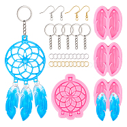 SUNNYCLUE DIY Keychain & Earring Epoxy Resin Crafts, Including Woven Net/Web with Feather & Feather Silicone Moulds, Brass Earring Hooks & Open Jump Rings, Iron Split Key Rings, Platinum & Golden, 82x69x8mm, Hole: 4mm, 64pcs/set(DIY-SC0015-58)