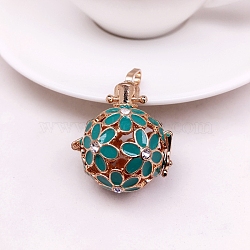 Brass Enamel Hollow Cage Locket Pendant, with Rhinestones, Round with Flower Charm, Turquoise, 21mm(PW-WG43577-01)