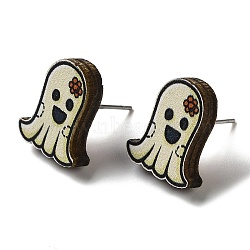 Wood Stud Earrings, with 316 Surgical Stainless Steel Pin, Halloween Theme, Light Yellow, Ghost, 16x13mm(EJEW-Z054-02H)