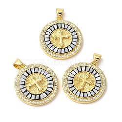 Brass Micro Pave Cubic Zirconia Pendants, with Enamel & Shell, Long-Lasting Plated, Lead Free & Cadmium Free, Real 18K Gold Plated, Flat Round with Cross, Black, 24.5x22x3.5mm, Hole: 5x3.5mm(KK-K385-034G)