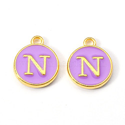 Golden Plated Alloy Enamel Charms, Enamelled Sequins, Flat Round with Letter, Medium Purple, Letter.N, 14x12x2mm, Hole: 1.5mm(ENAM-S118-10N)