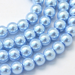 Baking Painted Pearlized Glass Pearl Round Bead Strands, Sky Blue, 6~7mm, Hole: 1mm, about 135~140pcs/strand, 31.4 inch(HY-Q003-6mm-24)
