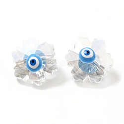Transparent Glass Beads, with Enamel, Faceted, Snowflake with Evil Eye Pattern, Deep Sky Blue, 12.5x14x9mm, Hole: 1.2mm(GLAA-F121-14H)