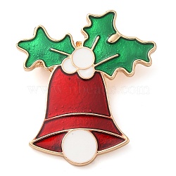 Christmas Theme Enamel Pins, Golden Alloy Rhinestones Brooches for Backpack Clothes, Christmas Bell, 31x33mm(JEWB-U007-01K)