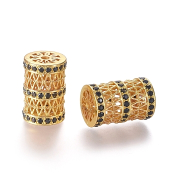 Hollow Brass Micro Pave Cubic Zirconia Beads, Long-Lasting Plated, Column, Black, Golden, 18x12mm, Hole: 2mm