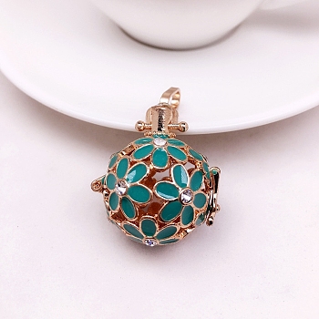 Brass Enamel Hollow Cage Locket Pendant, with Rhinestones, Round with Flower Charm, Turquoise, 21mm