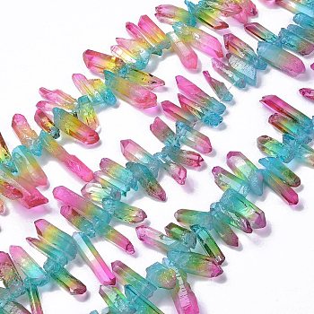 Natural Quartz Crystal Dyed Beads Strands, Nuggets, Hot Pink, 24~50x6~12x5~8mm, Hole: 1mm, about 47~50pcs/strand, 35~37cm