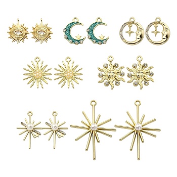 DIY Pendant Jewelry Making Finding Kit, Including 14Pcs 7 Style Alloy Enamel & Rhinestone & Brass, Moon & Sun & Star & Flower, Golden, Mixed Color, 17~42.5x15.5~31.5x2~7mm, Hole: 1.2~2mm, 2pcs/style