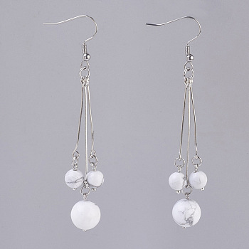 Natural Howlite Dangle Earrings, with 304 Stainless Steel Earring Hooks and Iron Eye Pins, Round, 77~78mm, Pendant: 57~58mm, Pin: 0.6mm