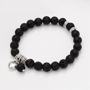 Natural Lava Rock Beaded Bracelets, with Alloy Findings, 56mm