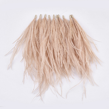 Ostrich Feather Tassel Big Pendant Decorations, with Brass Findings, Golden, Dark Salmon, 130~170x4mm, Hole: 1.6mm